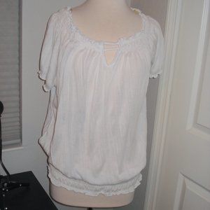 White Peasant Style Blouse with elastic neck and waist Medium